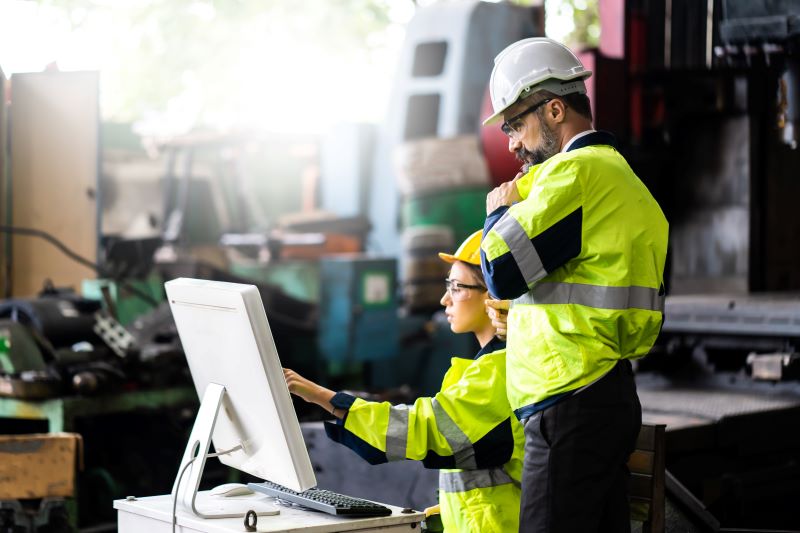 Consultoria online​ para suporte técnico: engenheiros obtendo suporte pelo computador na indústria.