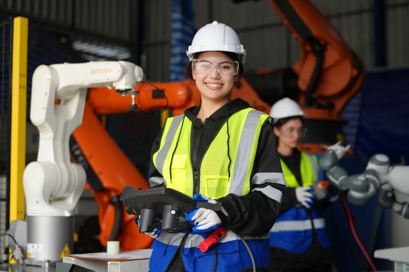 O que é indústria 4.0​: engenheira manuseando equipamento moderno com controle remoto na indústria.